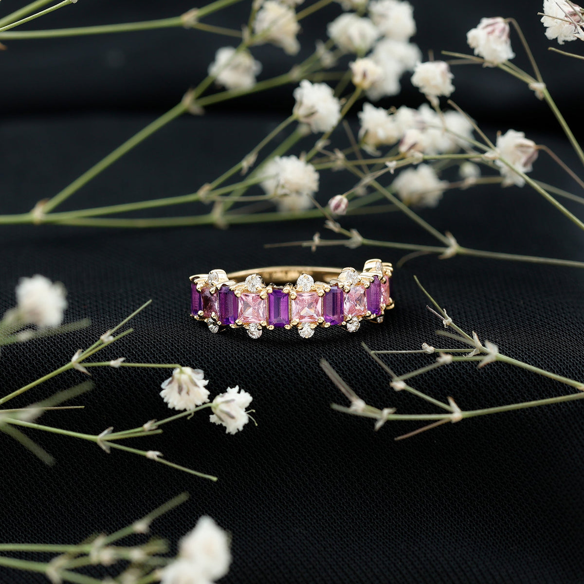 Lab Created Pink Sapphire and Amethyst Half Eternity Band with Diamond