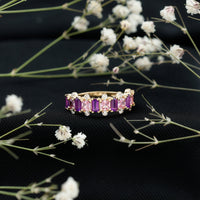 Lab Created Pink Sapphire and Amethyst Half Eternity Band with Diamond