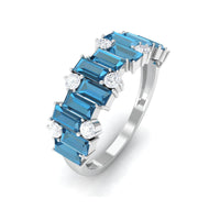 Baguette London Blue Topaz Uneven Eternity Ring with Diamond
