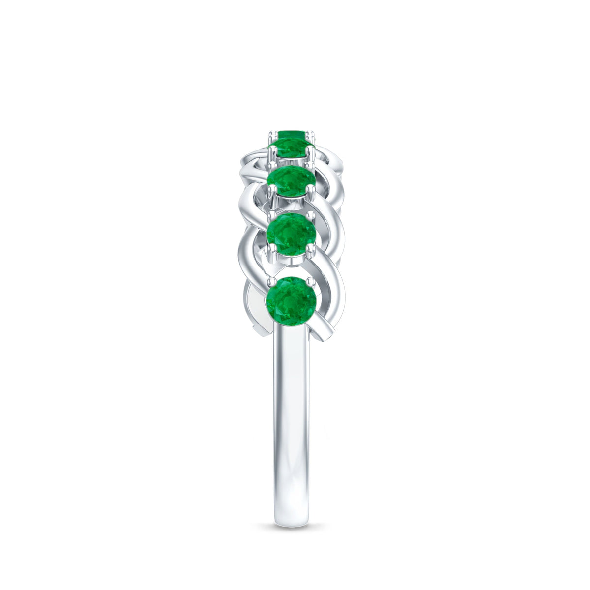 Genuine green emerald braided half eternity ring by Rosec Jewels featuring alternating emerald stones on a sleek band