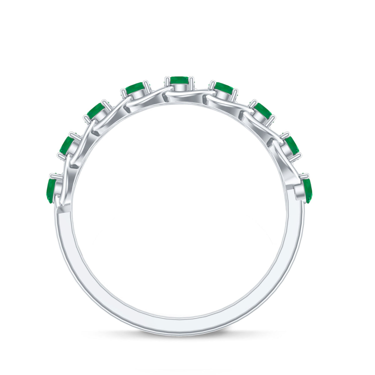 Genuine green emerald braided half eternity ring by Rosec Jewels featuring alternating emeralds and intricate braided design.