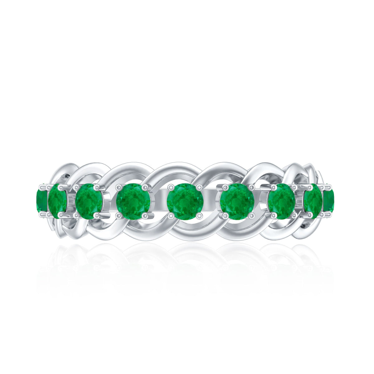 Genuine green emerald braided half eternity ring by Rosec Jewels featuring a band with green emeralds and intricate braid design.