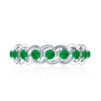 Genuine green emerald braided half eternity ring by Rosec Jewels featuring a band with green emeralds and intricate braid design.