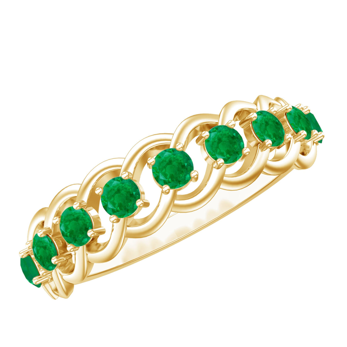 Genuine green emerald braided half eternity ring by Rosec Jewels, showcasing a band with embedded emeralds and intricate braid design.