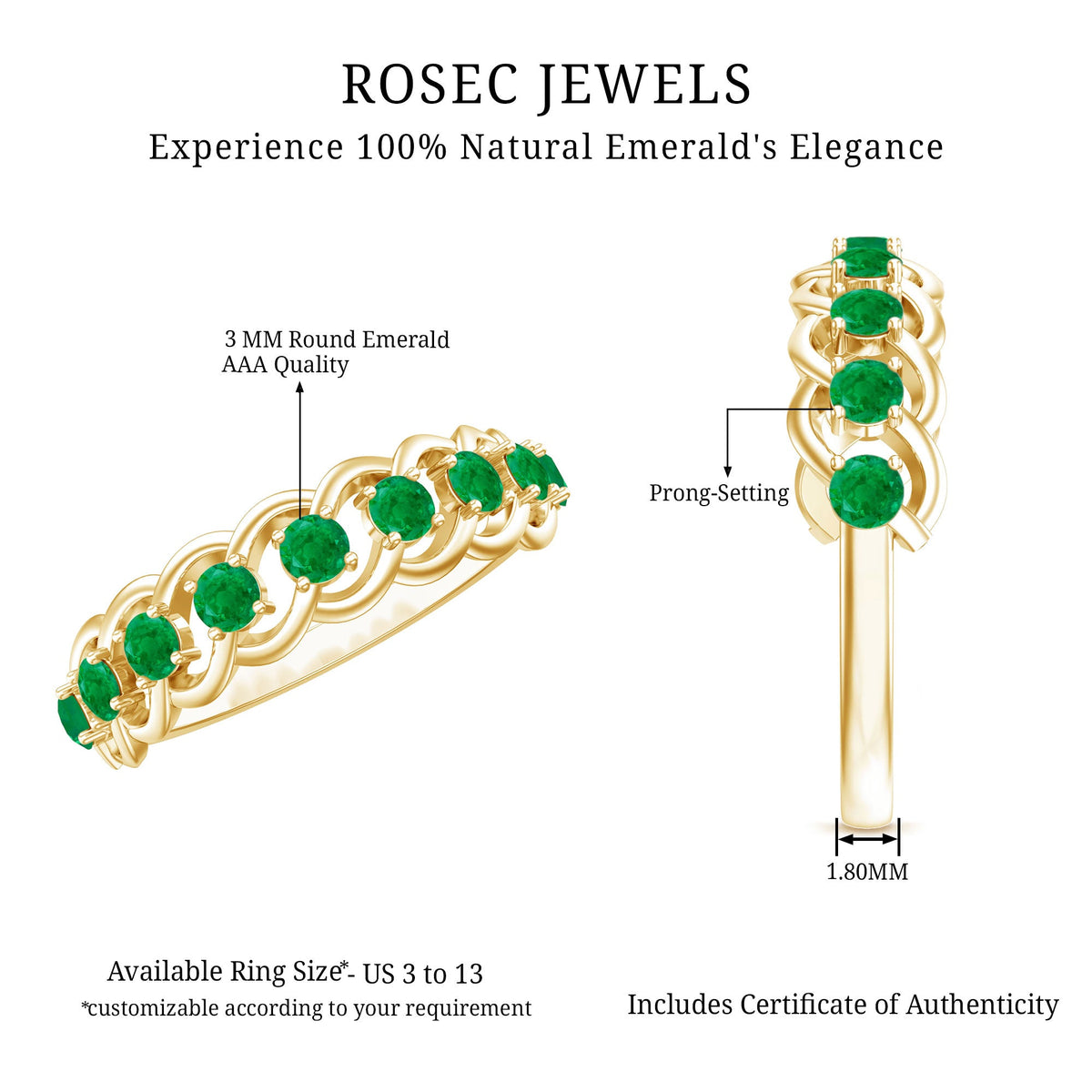 Genuine green emerald braided half eternity ring by Rosec Jewels featuring a continuous band of emeralds and intricate braid design.