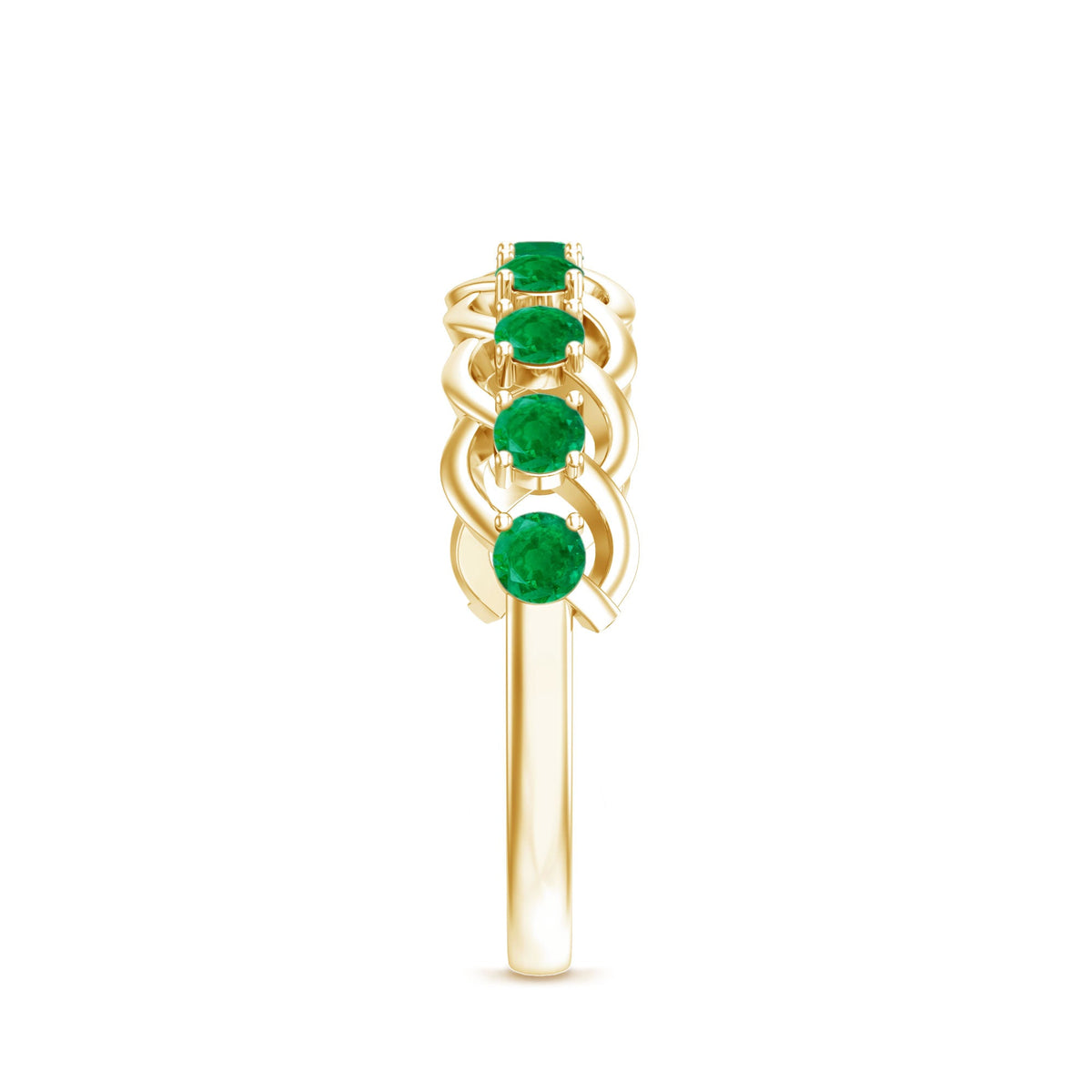 Genuine green emerald braided half eternity band ring by Rosec Jewels featuring intricate design and vibrant emerald gemstones.