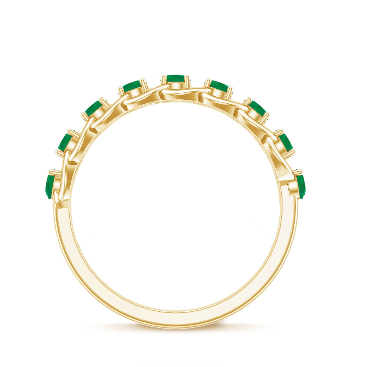 Genuine green emerald braided half eternity ring by Rosec Jewels featuring a continuous band of green emeralds and intricate braid design.