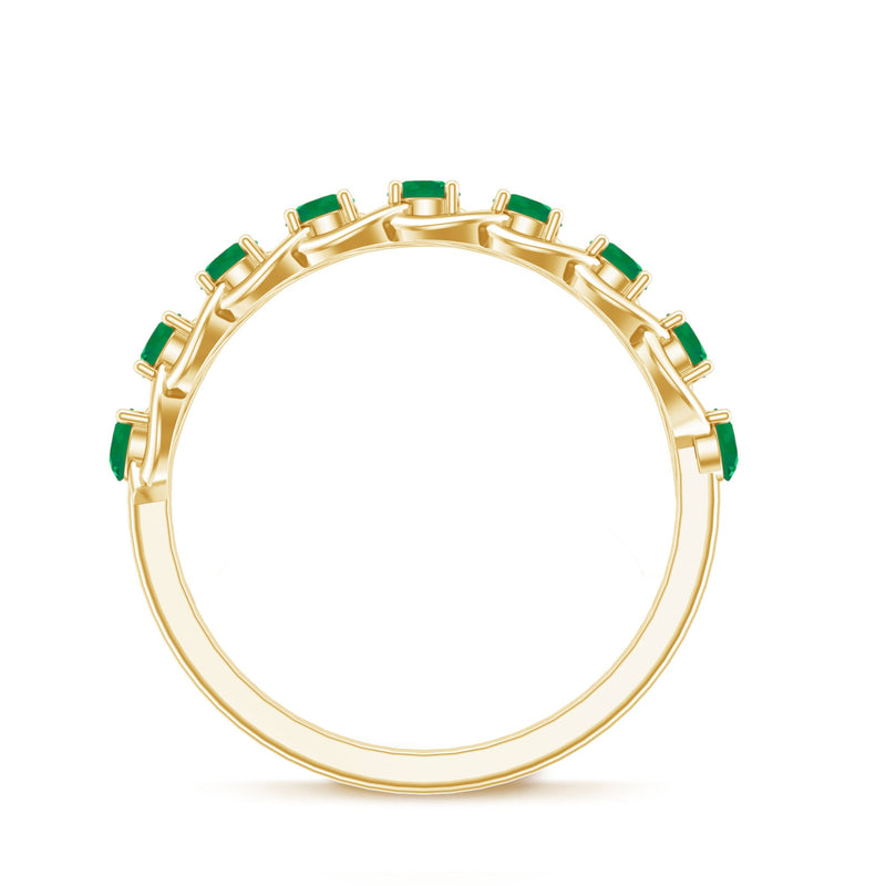Genuine green emerald braided half eternity ring by Rosec Jewels featuring a continuous band of green emeralds and intricate braid design.