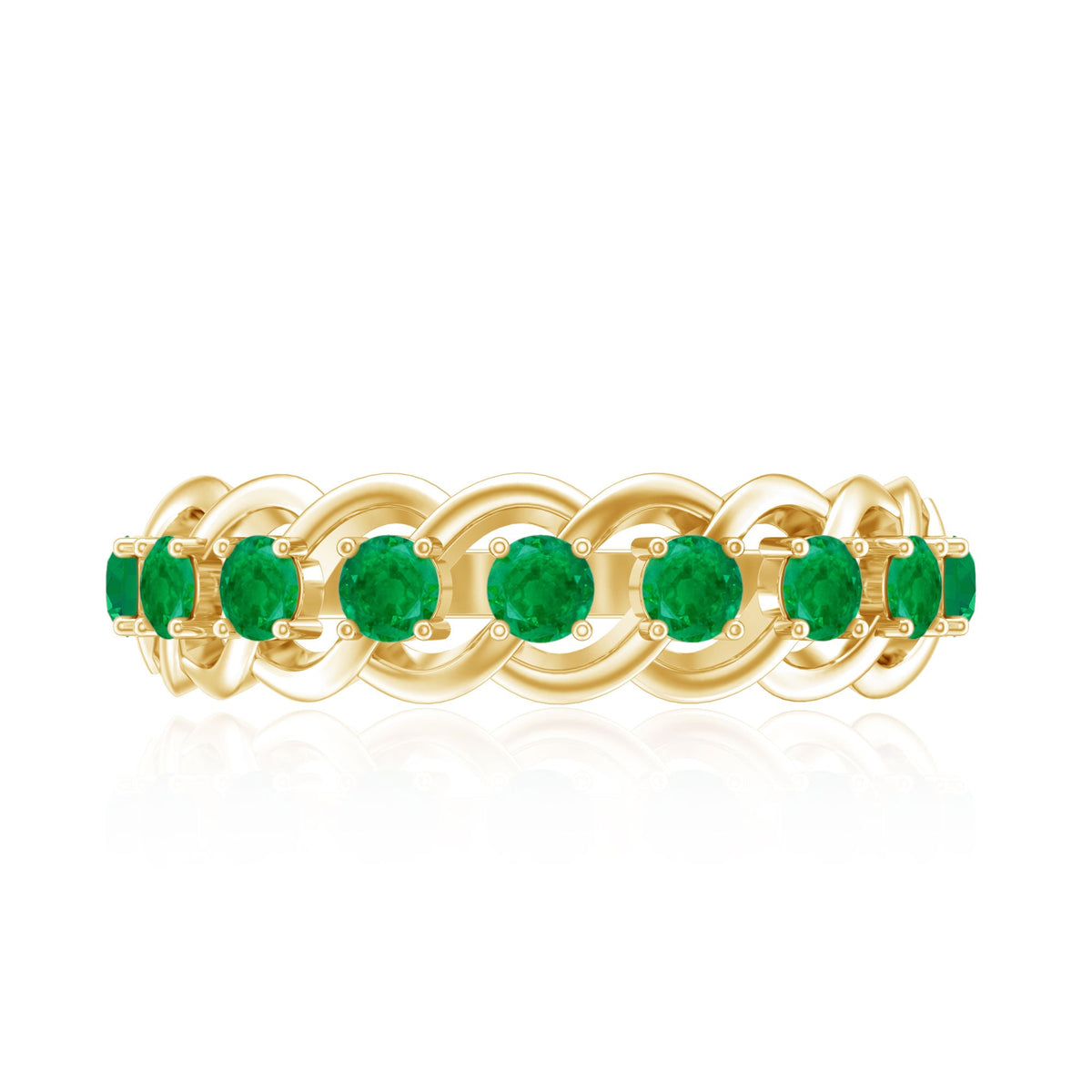 Genuine green emerald braided half eternity band ring by Rosec Jewels featuring a continuous row of emeralds on a sterling silver band.