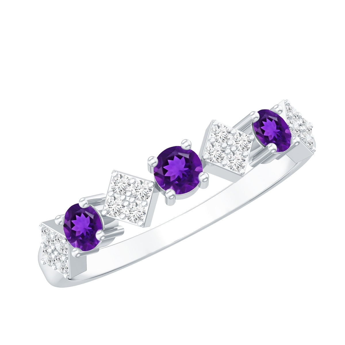 Real amethyst half eternity ring with diamonds for women, showcasing a rose gold band with vibrant purple stones and sparkling diamonds.