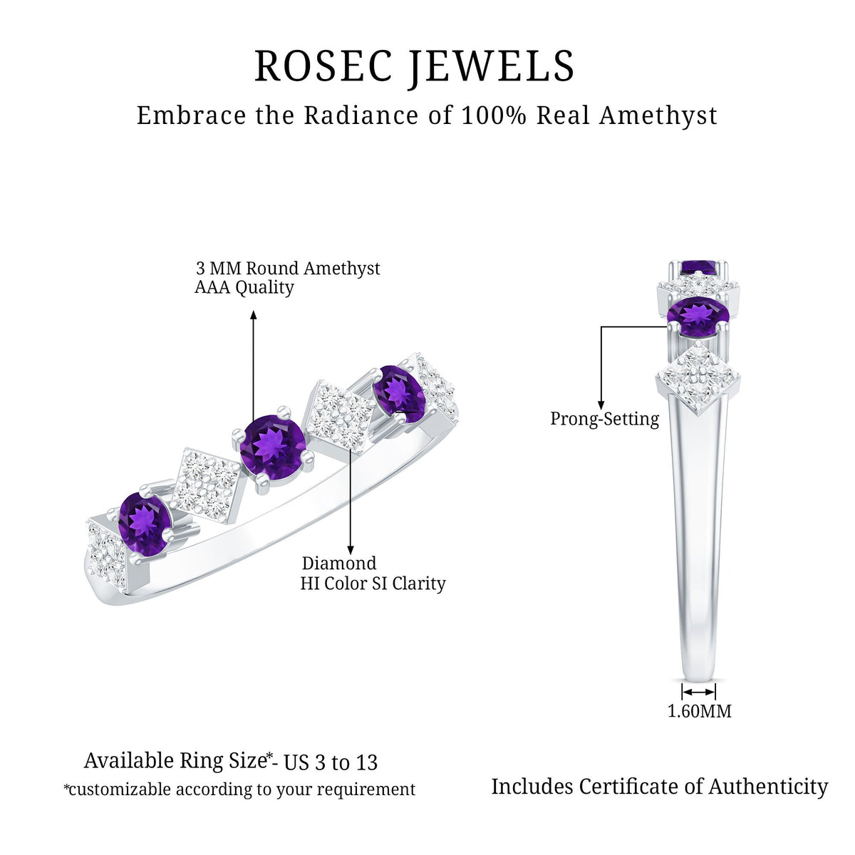 Real amethyst half eternity ring with diamonds for women, showcasing a Rosec Jewels ring featuring purple gemstones and sparkling accents.
