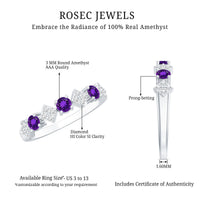 Real amethyst half eternity ring with diamonds for women, showcasing a Rosec Jewels ring featuring purple gemstones and sparkling accents.
