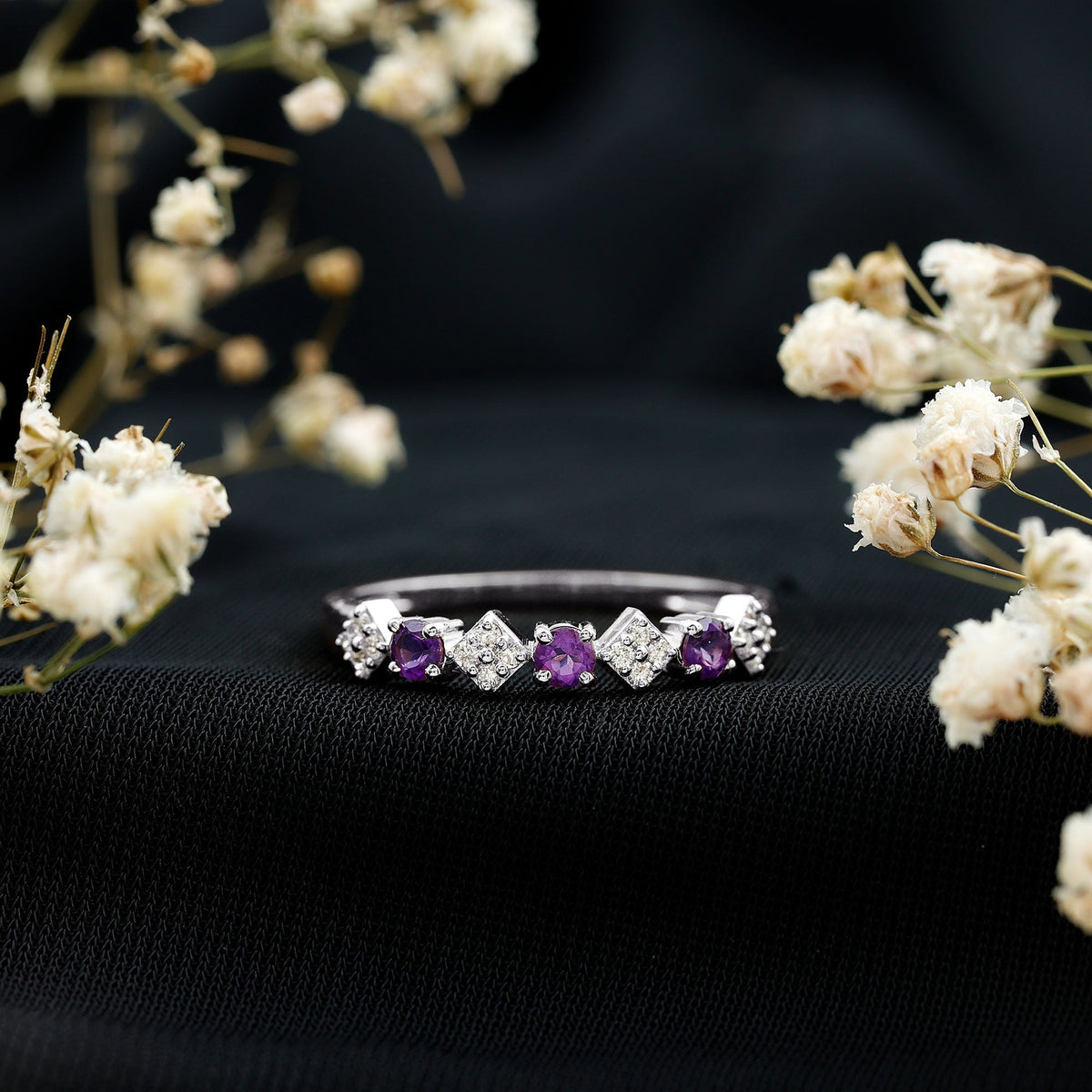 Rosec Jewels Real Amethyst half eternity ring with diamonds for women, showcasing purple amethyst gemstones and sparkling diamond accents.