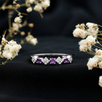 Rosec Jewels Real Amethyst half eternity ring with diamonds for women, showcasing purple amethyst gemstones and sparkling diamond accents.