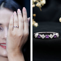 Real amethyst half eternity ring with diamonds for women, featuring a rose gold band and intricate gemstone setting.