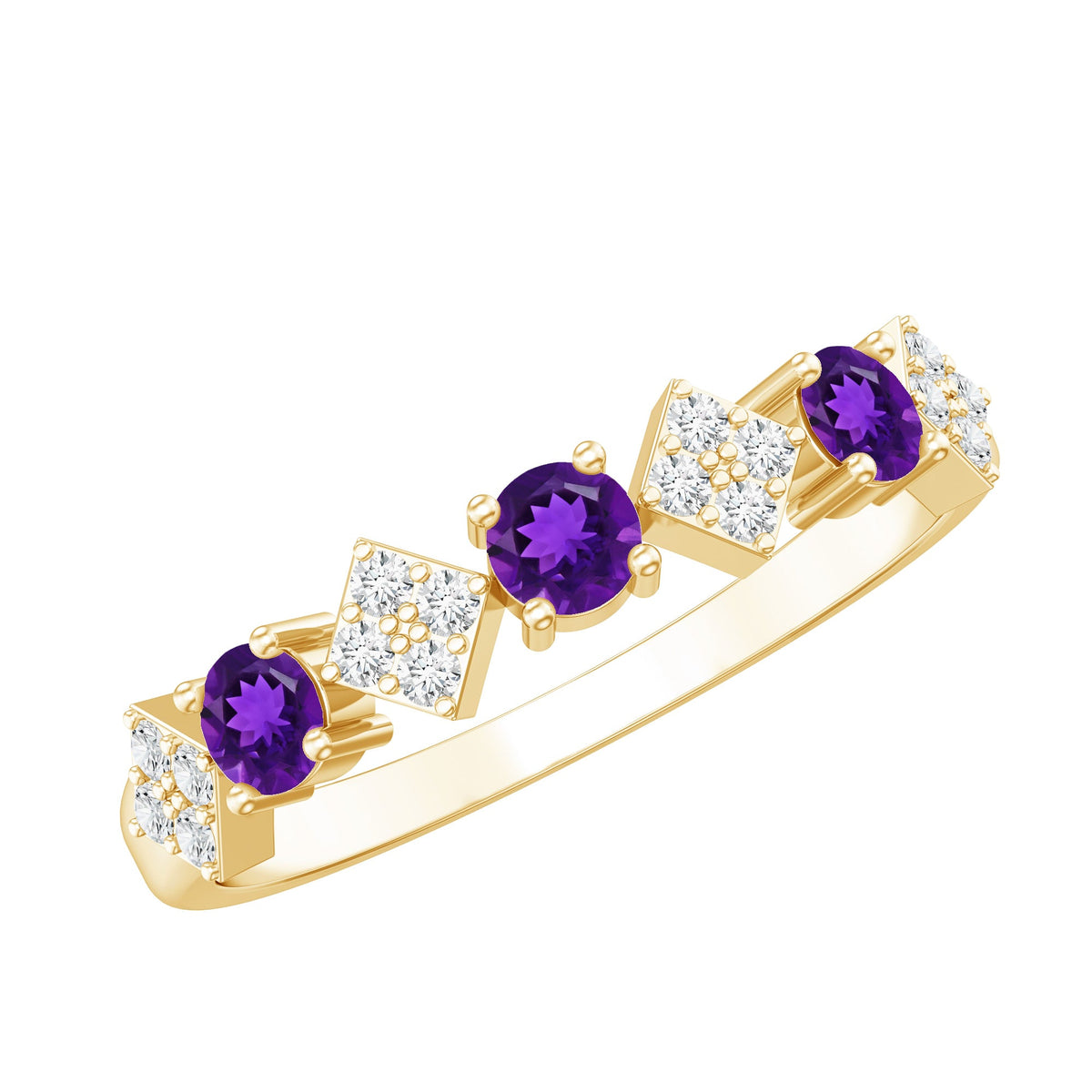 Real amethyst half eternity ring with diamonds for women, crafted by Rosec Jewels, featuring vibrant purple stones and sparkling accents.