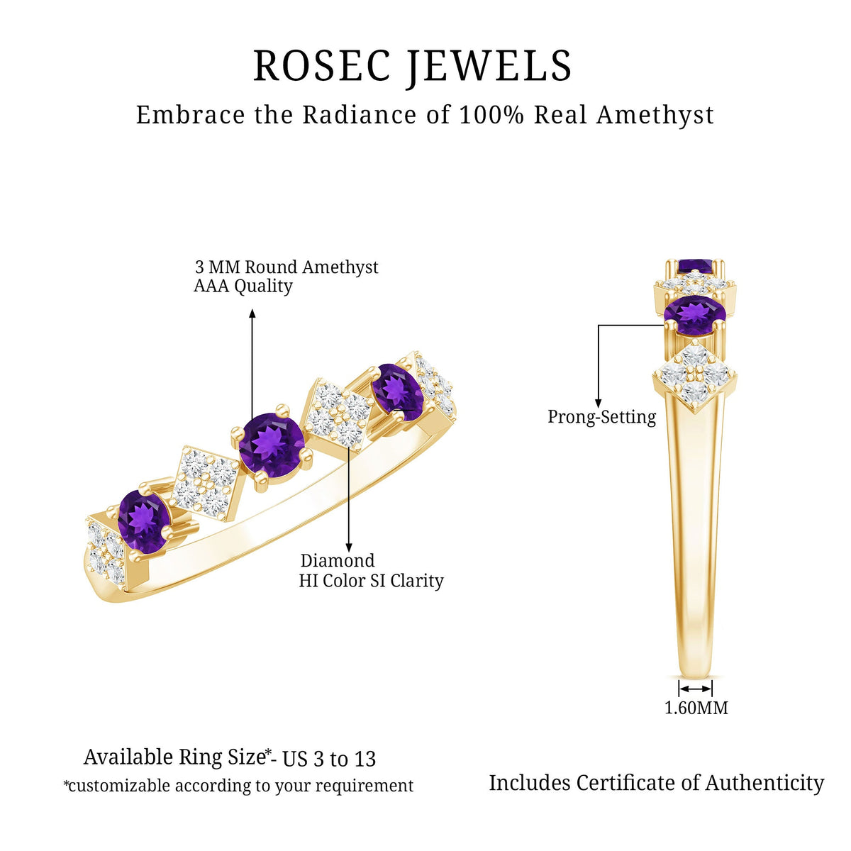 Real amethyst half eternity ring with diamonds for women, featuring a band of vibrant purple amethysts and sparkling diamonds.