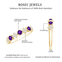 Real amethyst half eternity ring with diamonds for women, featuring a band of vibrant purple amethysts and sparkling diamonds.