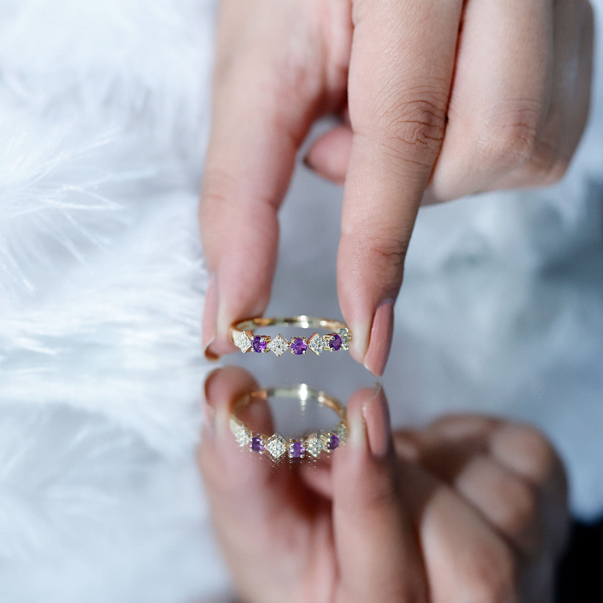 Rosec Jewels real amethyst half eternity ring with diamond accents, showcasing a purple gemstone and sparkling band for women.