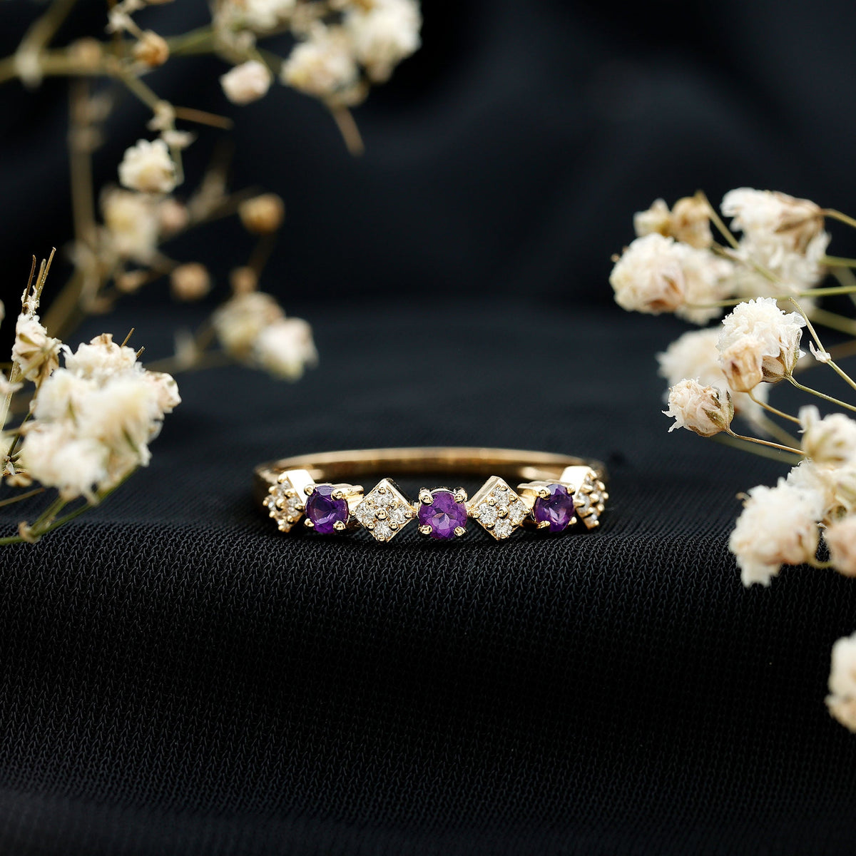 Real Amethyst and diamond half eternity ring for women, featuring a Rosec Jewels ring with vibrant purple stones and sparkling accents.