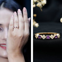 Real amethyst half eternity ring with diamond accents for women, crafted by Rosec Jewels, showcasing purple gemstones and sparkling diamonds.