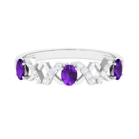 Natural oval amethyst half eternity ring with diamond accents from Rosec Jewels, showcasing the elegant gemstone and sparkling band.