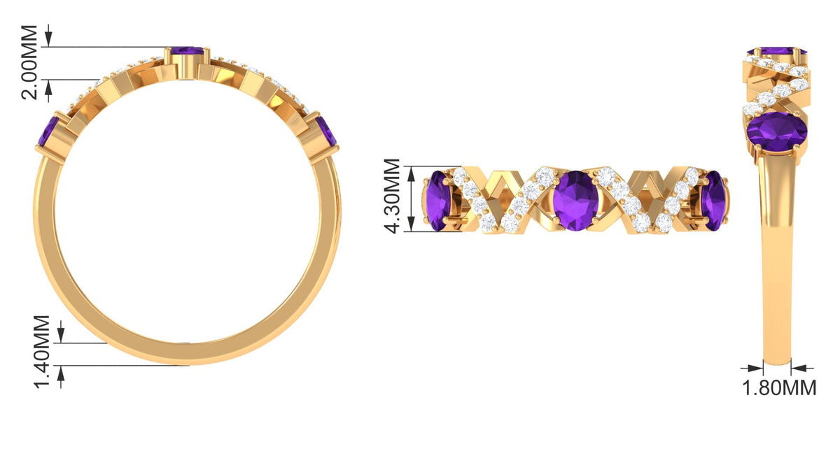 Natural oval amethyst half eternity ring with diamonds from Rosec Jewels, showcasing the sparkling gemstones and elegant design.