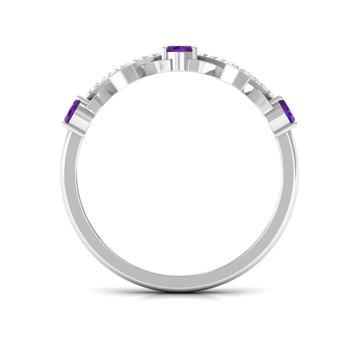 Natural oval amethyst half eternity ring with diamonds from Rosec Jewels, showcasing a delicate band with alternating gemstone and diamond accents.