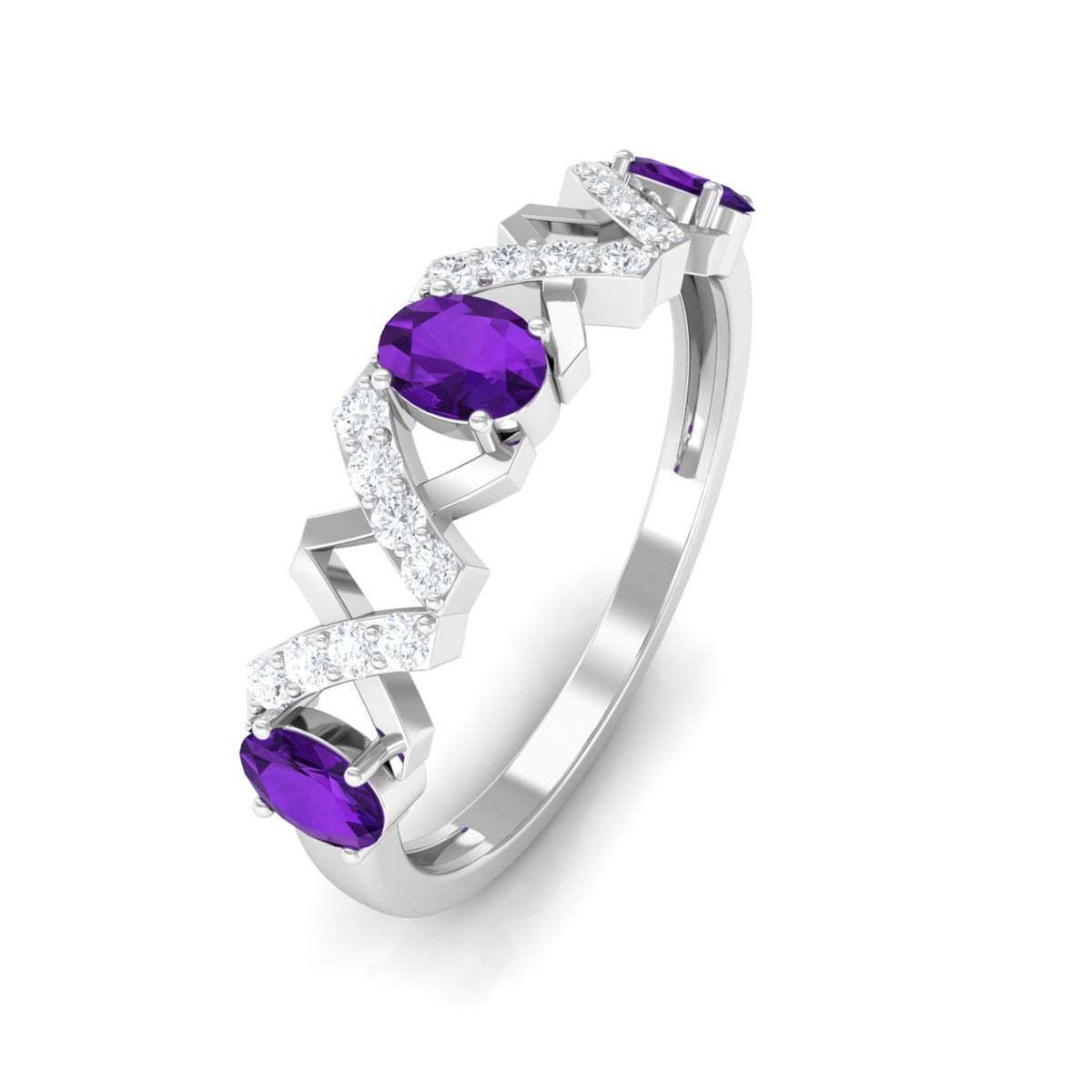 Natural oval amethyst half eternity ring with diamonds from Rosec Jewels, showcasing the intricate design and sparkling gemstones.