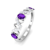 Natural oval amethyst half eternity ring with diamonds from Rosec Jewels, showcasing the intricate design and sparkling gemstones.