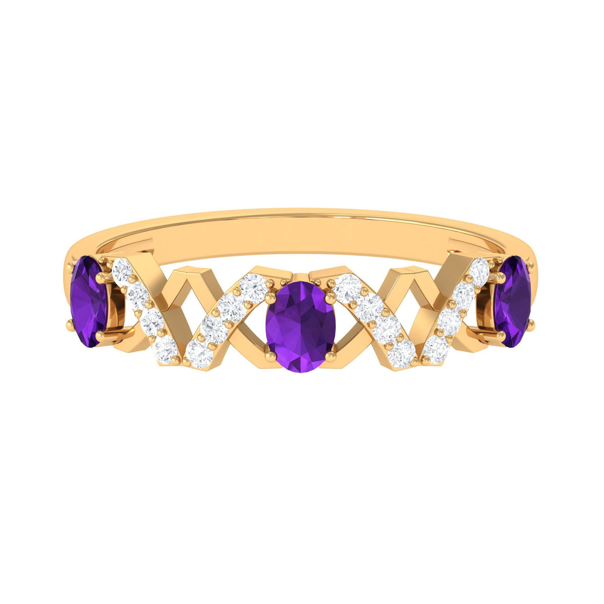 Natural oval amethyst half eternity ring with diamonds, crafted by Rosec Jewels, featuring a silver band and sparkling gemstone accents.
