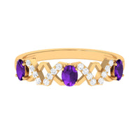 Natural oval amethyst half eternity ring with diamonds, crafted by Rosec Jewels, featuring a silver band and sparkling gemstone accents.
