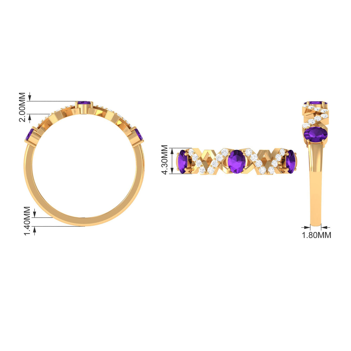 Natural oval amethyst half eternity ring with diamond accents by Rosec Jewels, showcasing the elegant gemstone design.