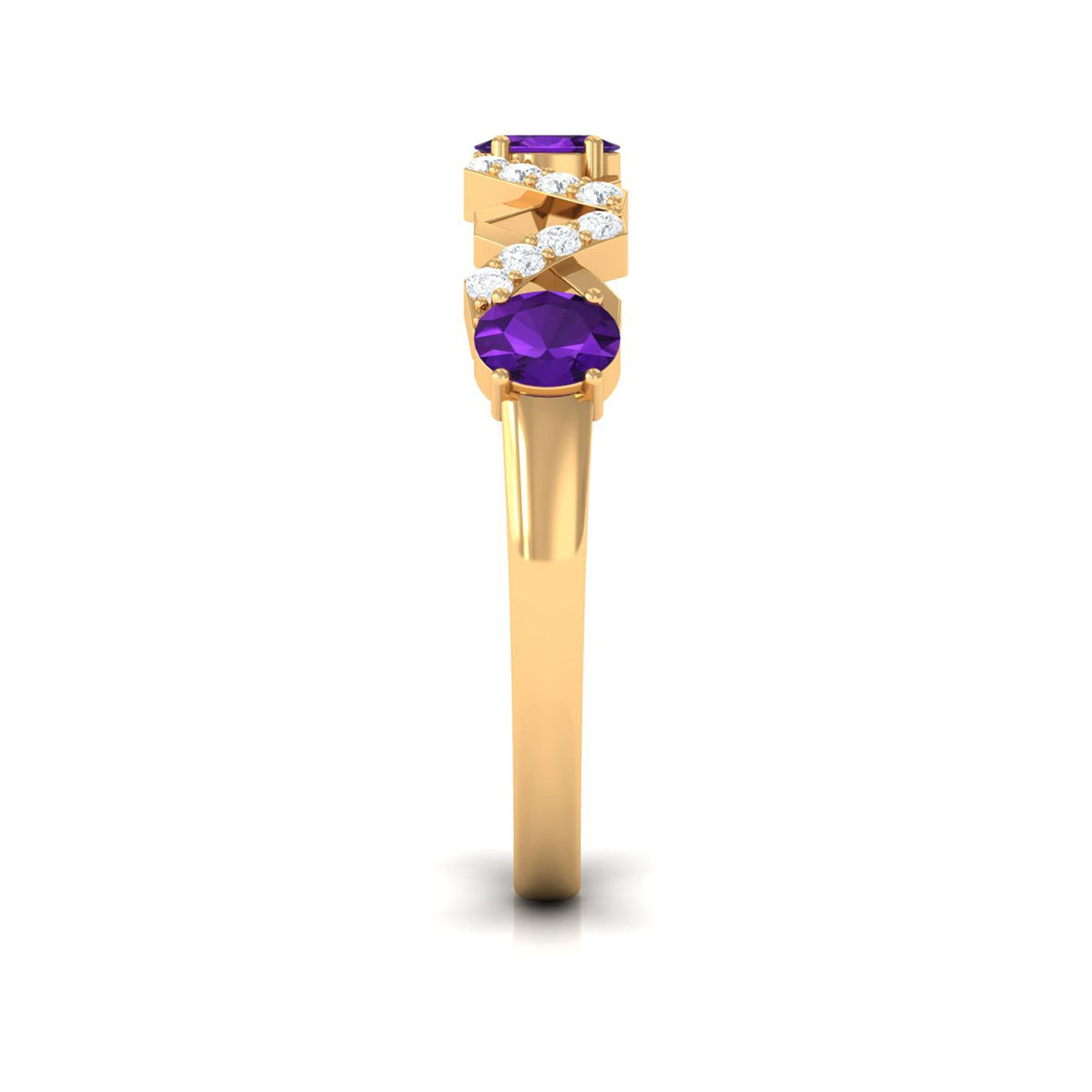 Natural oval amethyst half eternity ring with diamond accents, crafted by Rosec Jewels, showcasing the detailed gemstone setting.