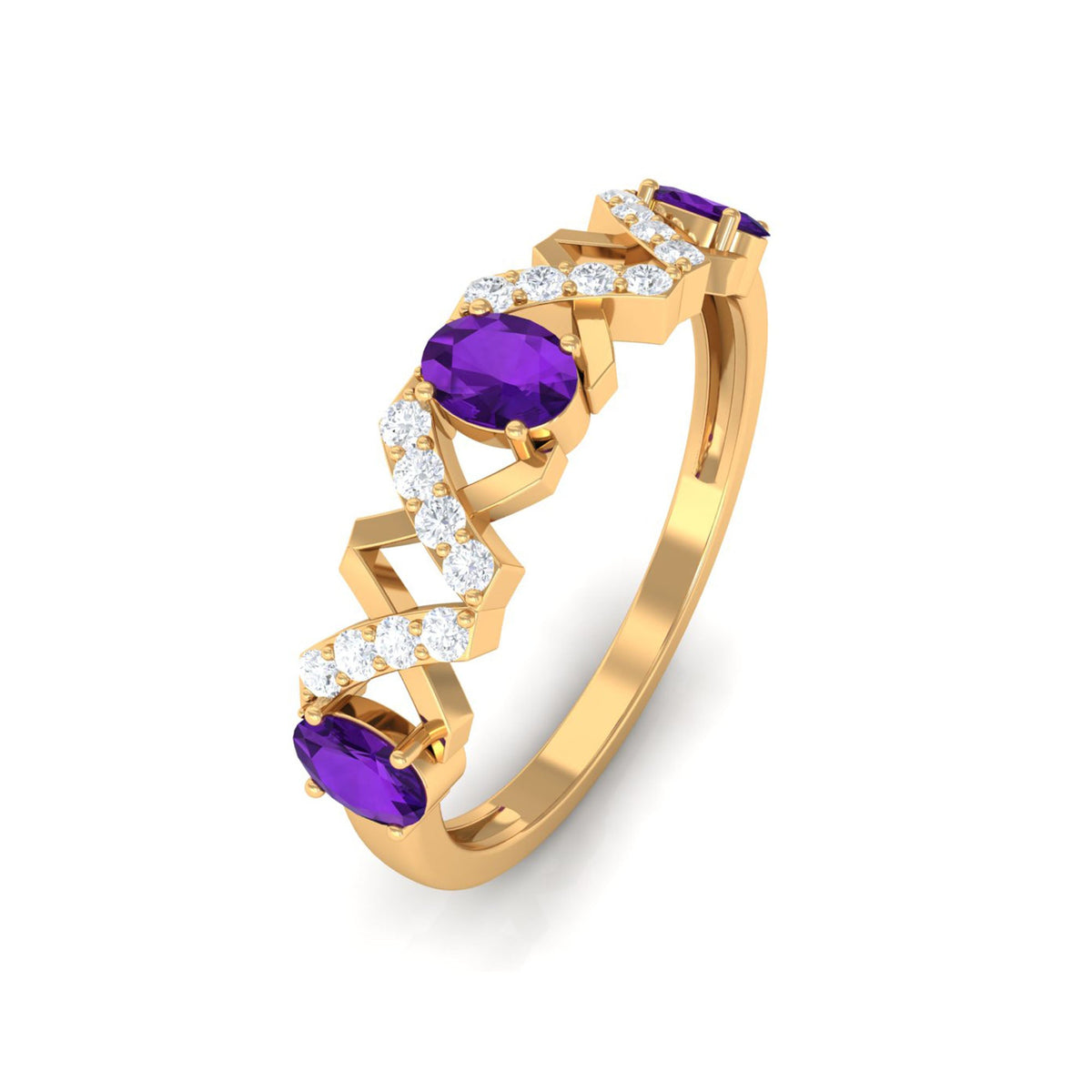 Natural oval amethyst half eternity ring with diamonds by Rosec Jewels, featuring a delicate band and sparkling gemstone accents.