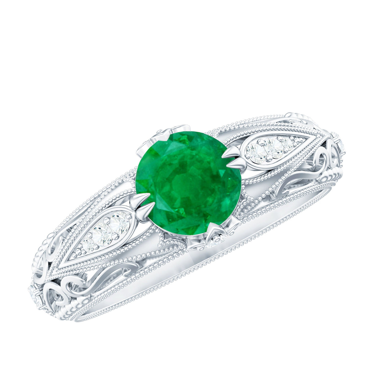 Natural emerald and diamond antique-style engagement ring by Rosec Jewels with intricate design and vintage-inspired details.