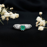 Natural emerald and diamond antique-style engagement ring with intricate detailing from Rosec Jewels.