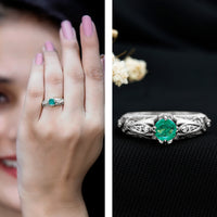 Natural emerald and diamond antique-style engagement ring from Rosec Jewels featuring intricate vintage-inspired design.