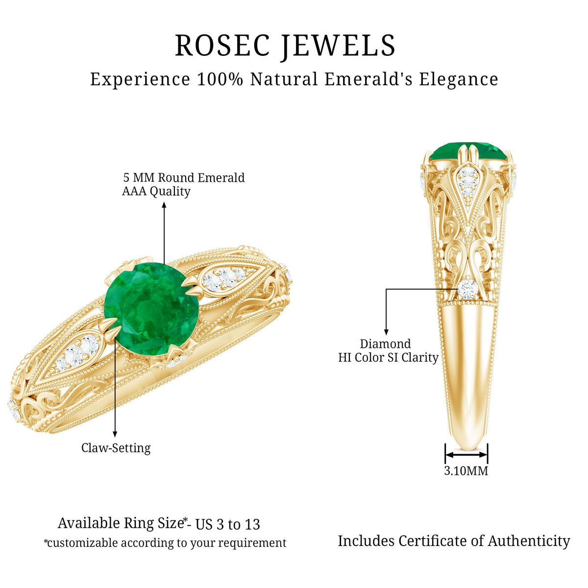 Antique-style engagement ring with natural emerald and diamonds, featuring intricate vintage design from Rosec Jewels.