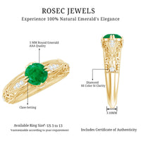 Antique-style engagement ring with natural emerald and diamonds, featuring intricate vintage design from Rosec Jewels.