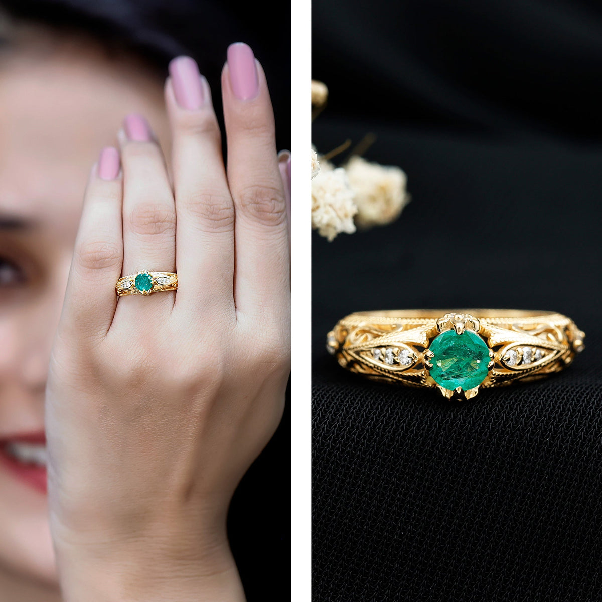 Antique-style engagement ring with natural emerald and diamond accents, crafted by Rosec Jewels, showcasing intricate vintage design.