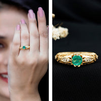 Antique-style engagement ring with natural emerald and diamond accents, crafted by Rosec Jewels, showcasing intricate vintage design.