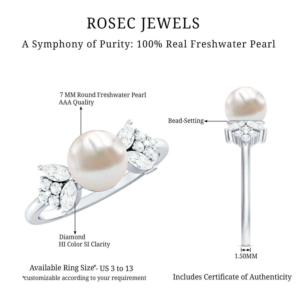 Nature-inspired 3-carat freshwater pearl engagement ring with diamond accents by Rosec Jewels, showcasing elegant design and craftsmanship.