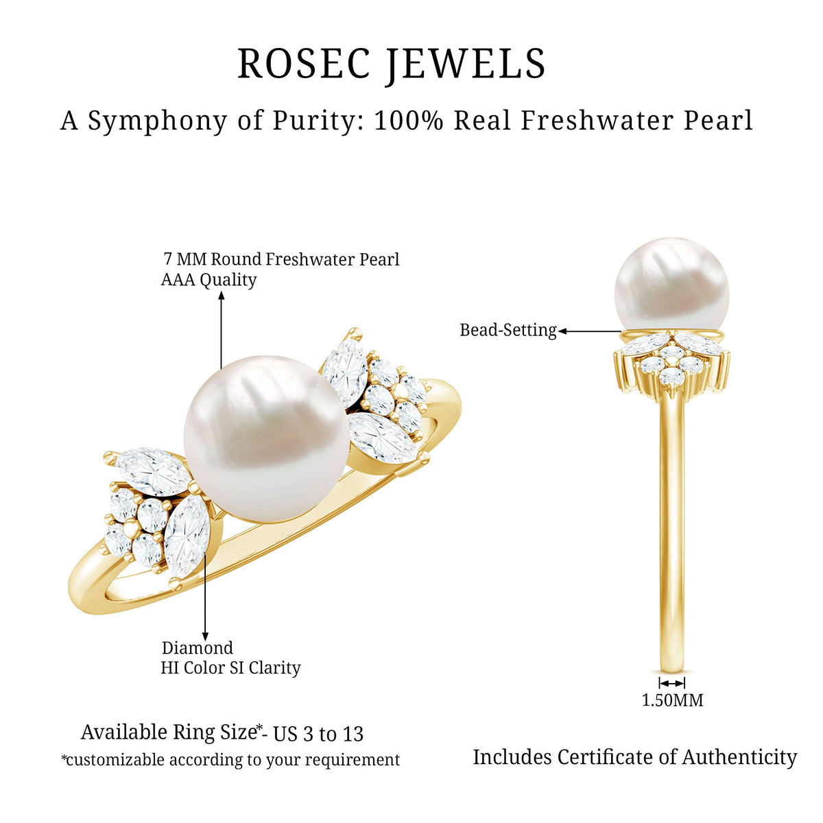 Rosec Jewels Nature-Inspired 3 Carat freshwater pearl engagement ring with diamond accents, showcasing elegant craftsmanship.