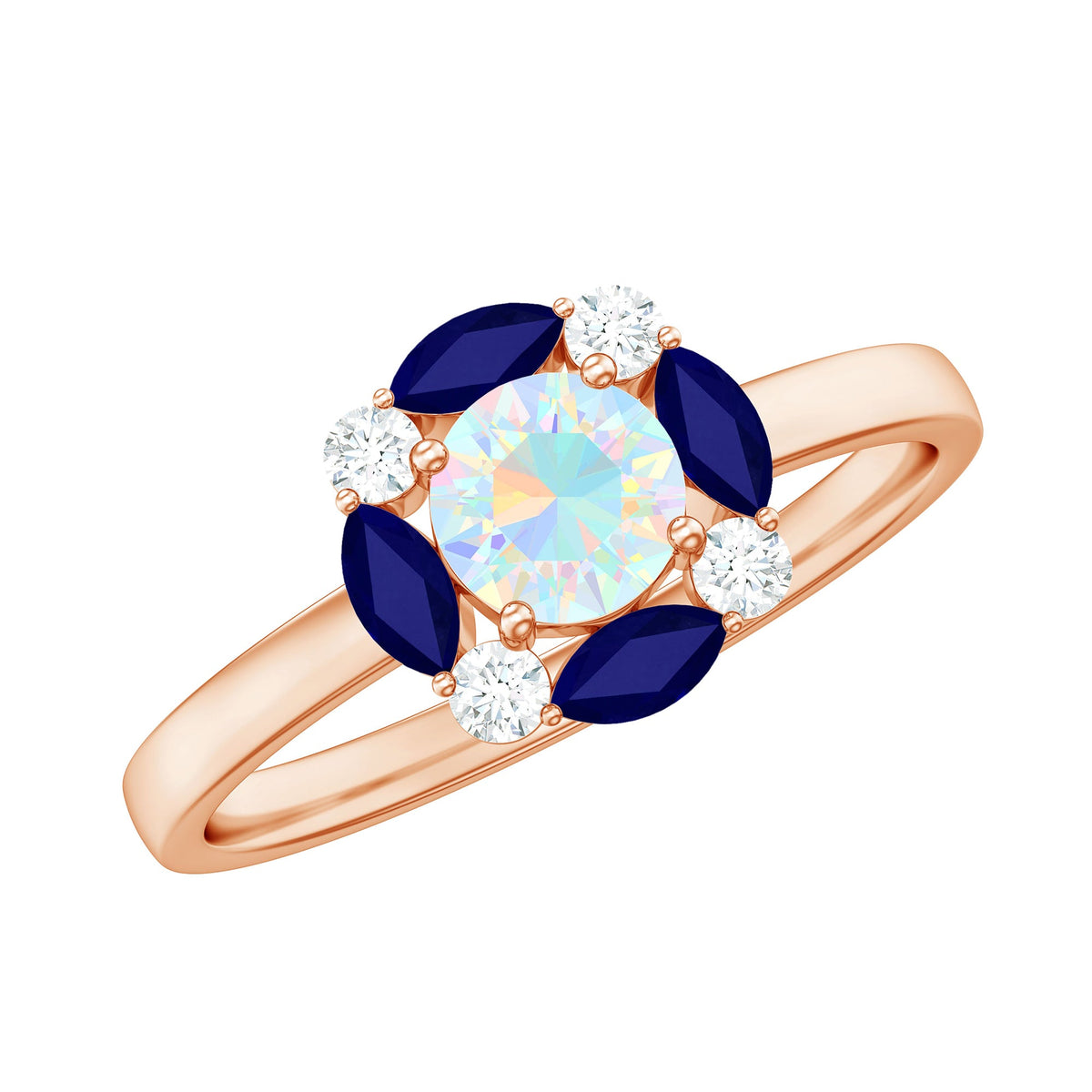 Elegant designer ring featuring natural Ethiopian opal and sapphires, crafted by Rosec Jewels.