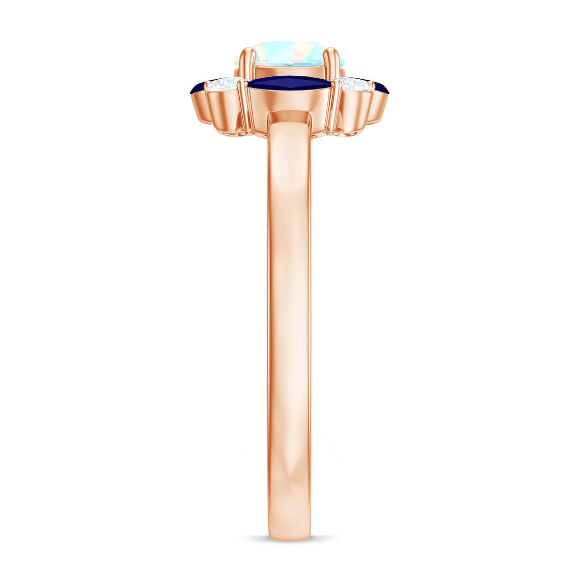 Natural Ethiopian Opal and sapphire designer ring with intricate silver band from Rosec Jewels, showcasing vibrant gemstones and craftsmanship.