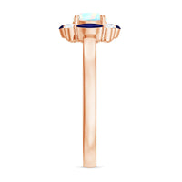 Natural Ethiopian Opal and sapphire designer ring with intricate silver band from Rosec Jewels, showcasing vibrant gemstones and craftsmanship.