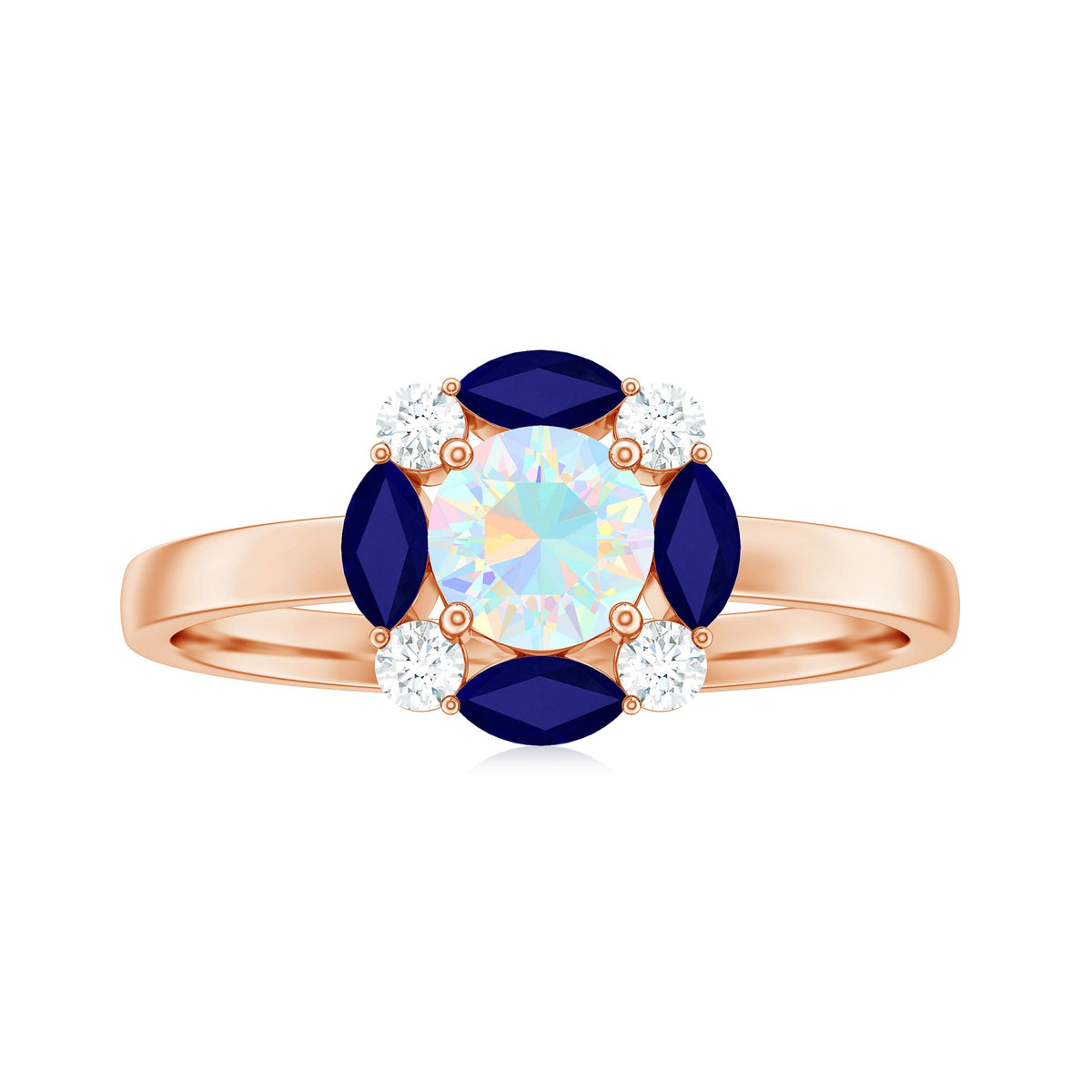 Natural Ethiopian opal and sapphire designer ring featuring intricate metalwork, crafted by Rosec Jewels.