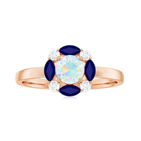 Natural Ethiopian opal and sapphire designer ring featuring intricate metalwork, crafted by Rosec Jewels.