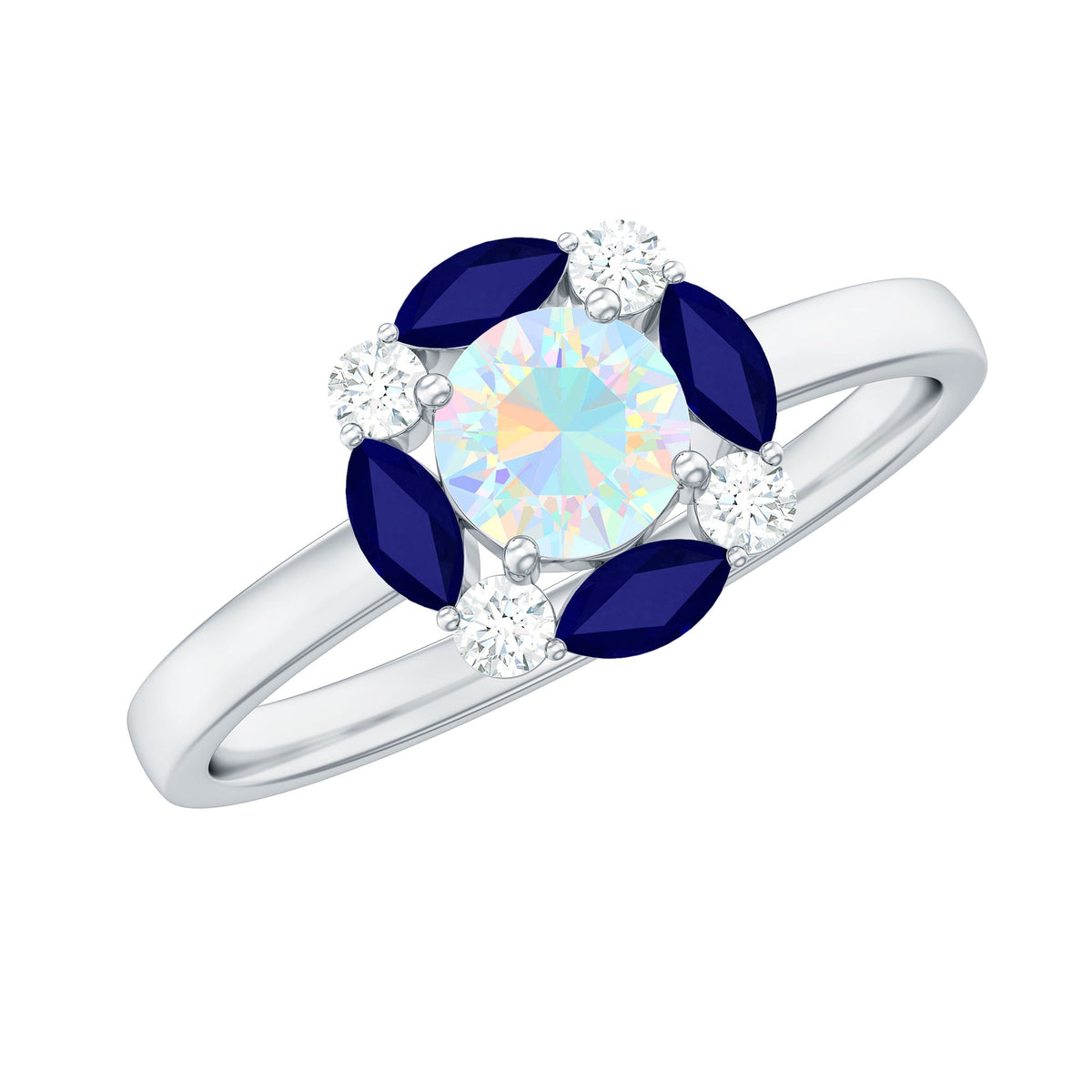 Elegant designer ring featuring natural Ethiopian opal and sapphire gemstones, crafted by Rosec Jewels.